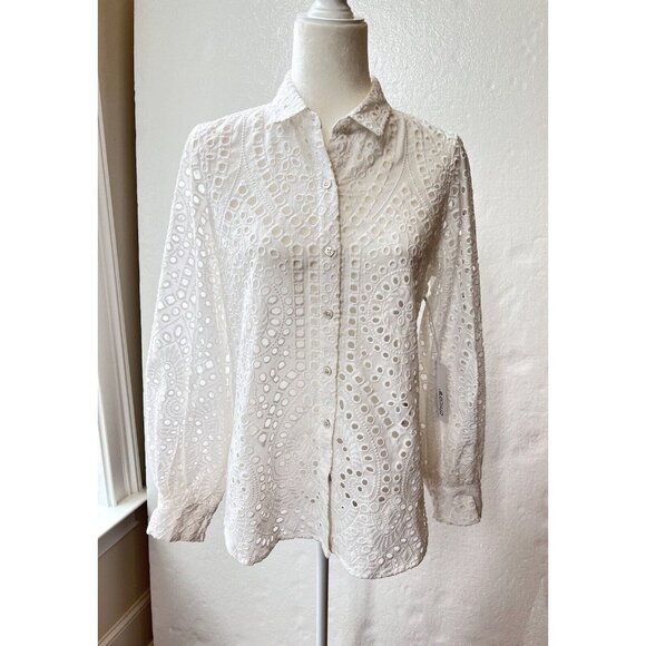 Chicos Eyelet Billow Sleeve White‎ Blouse Women SZ 4 Embroidered NEW MSRP $109 - Picture 1 of 11